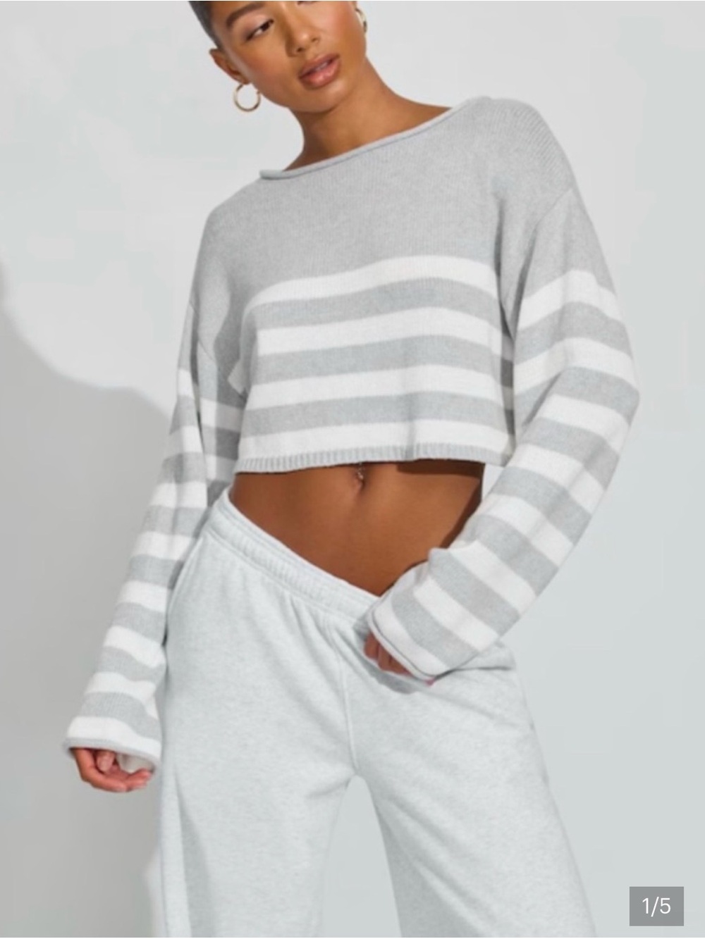 Garage Cropped Striped Boatneck Sweater - Light Gray & White